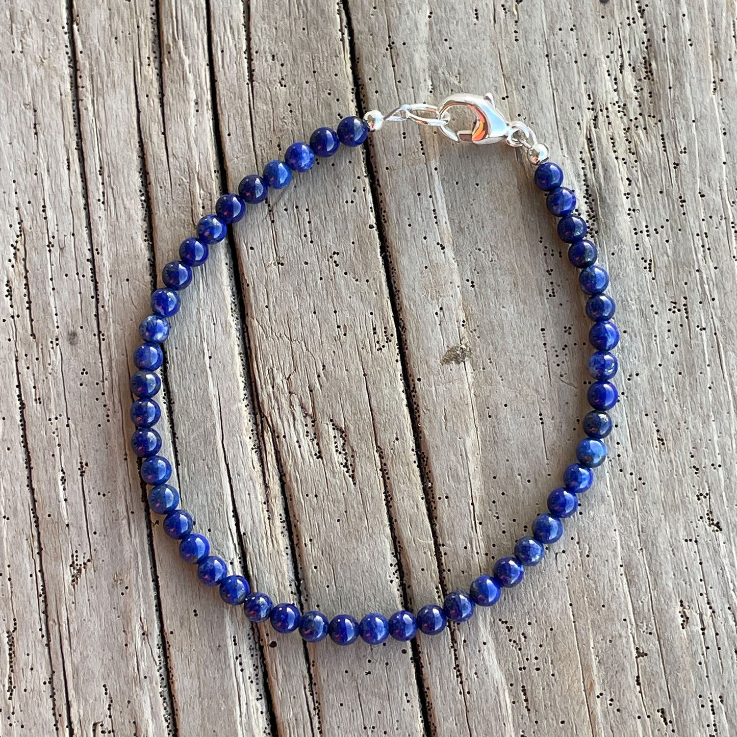 3mm Lapis Lazuli Bead Bracelet with Sterling Silver or Yellow Gold Filled Clasp