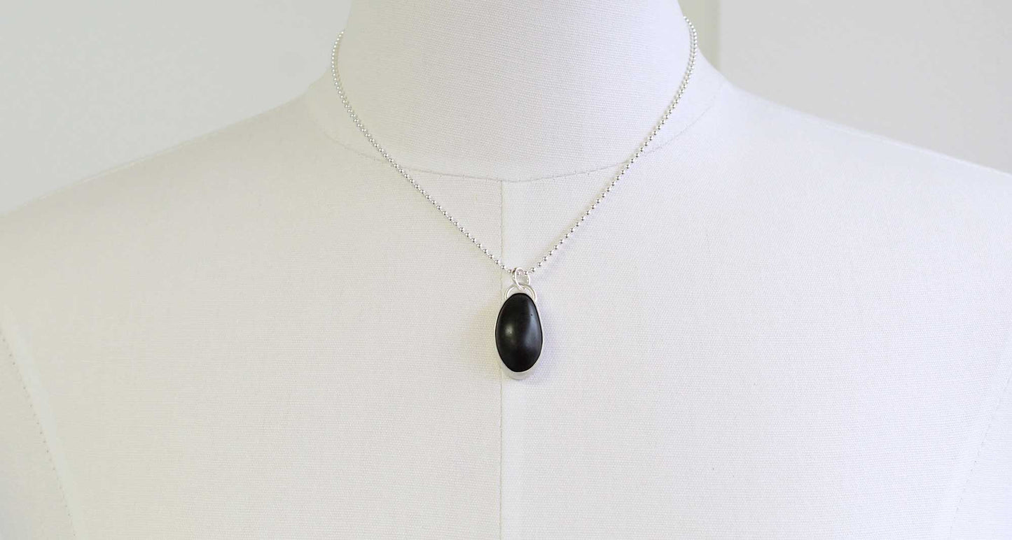Black Galveston Texas Beach Stone Pendant Necklace in Sterling Silver