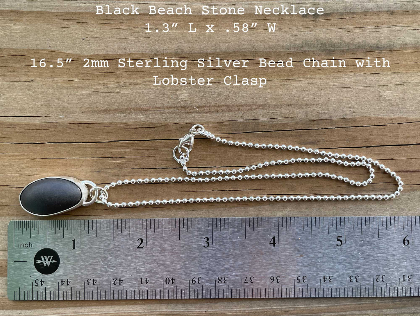 Black Galveston Texas Beach Stone Pendant Necklace in Sterling Silver