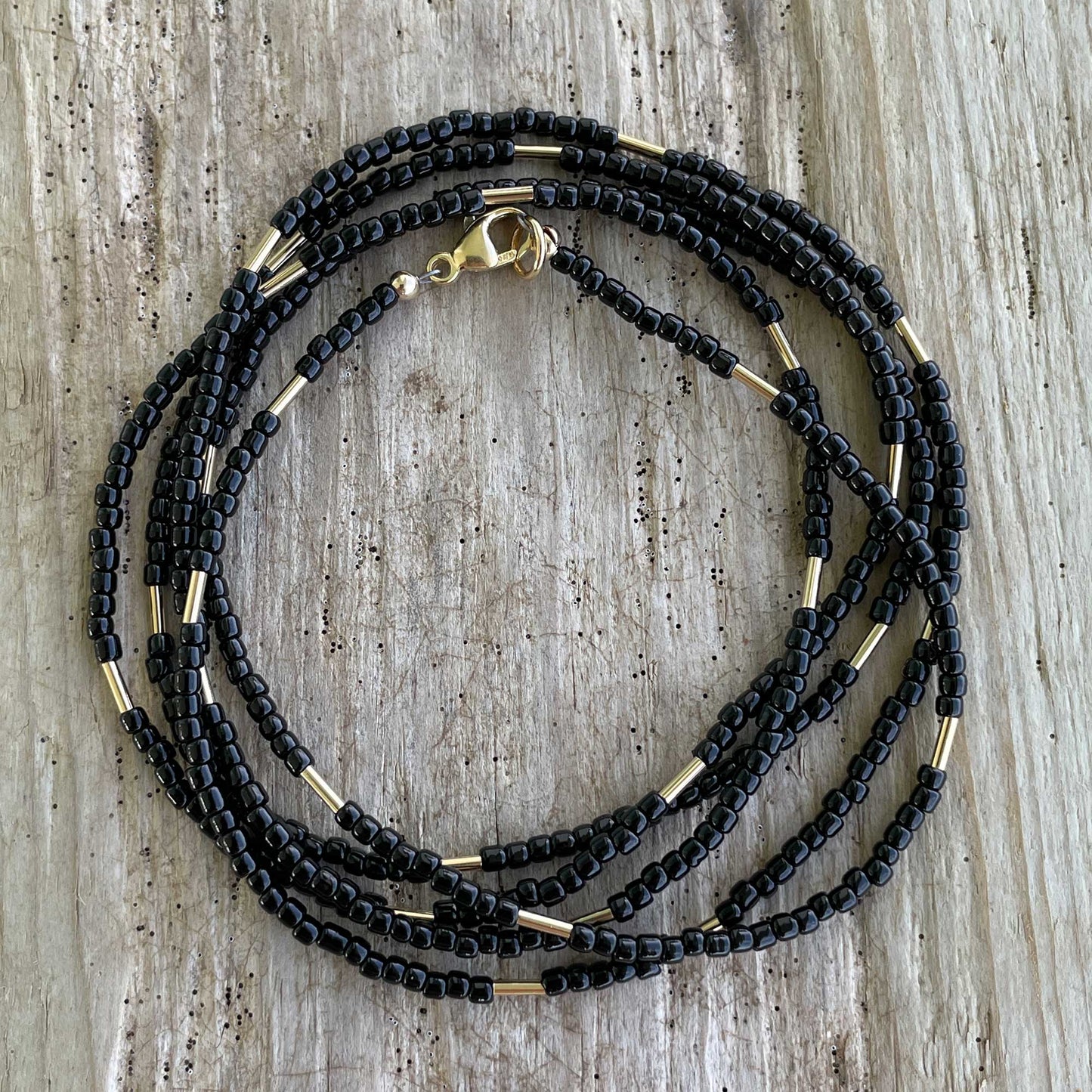 Black and Yellow Gold Filled Seed Bead Necklace, Thin 1.5mm Single Strand Custom Made to Order Length