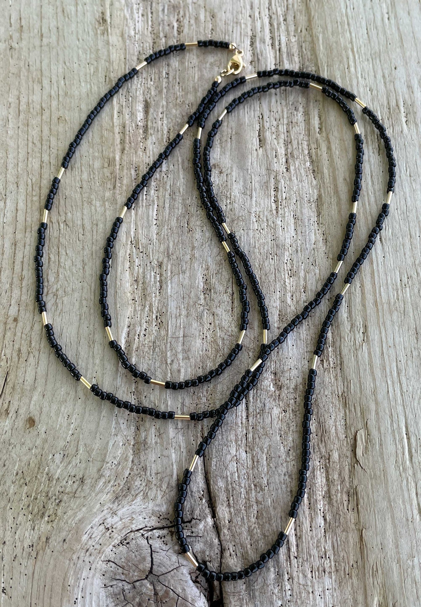 Black and Yellow Gold Filled Seed Bead Necklace, Thin 1.5mm Single Strand Custom Made to Order Length