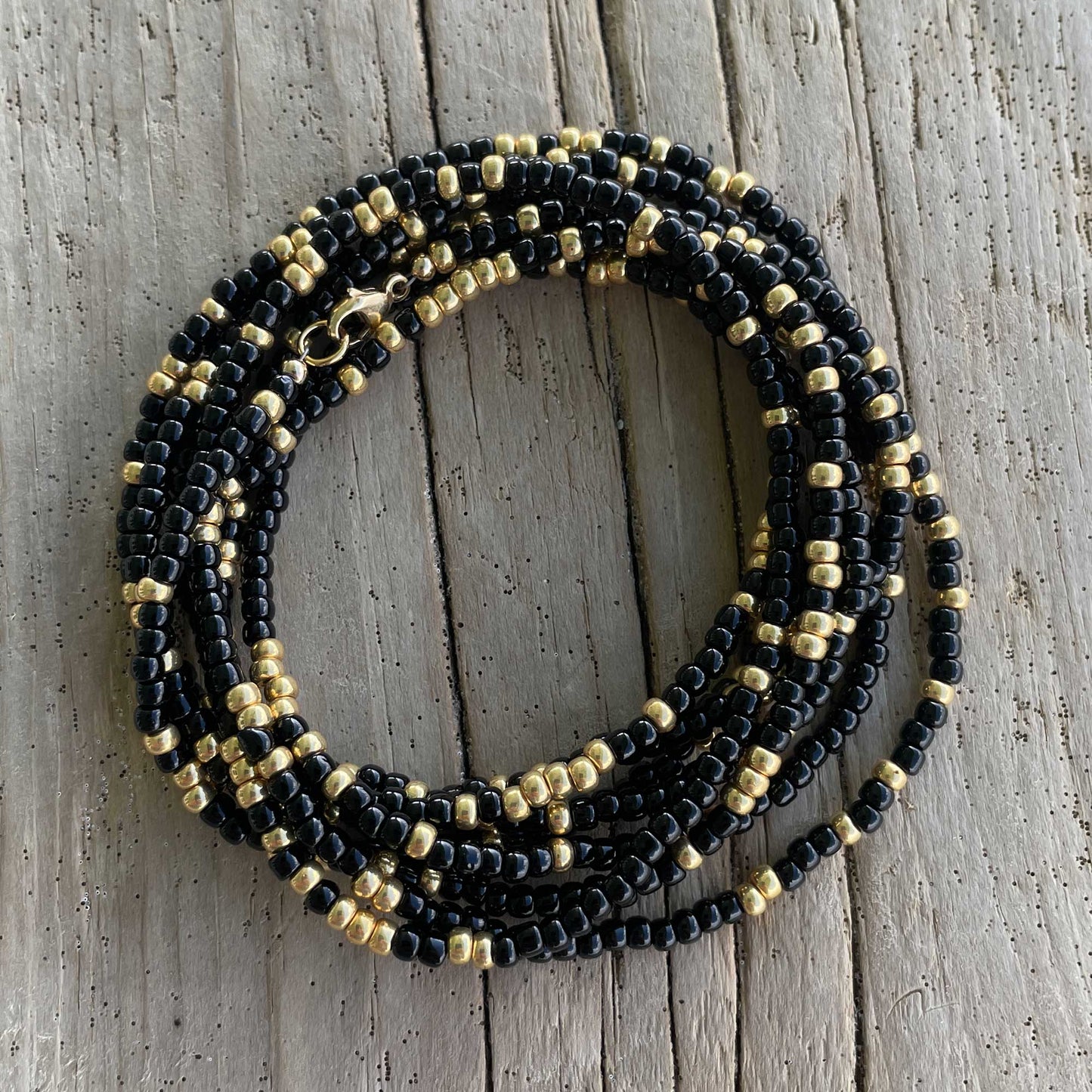 Black and Gold Seed Bead Necklace, Thin 2mm Single Strand