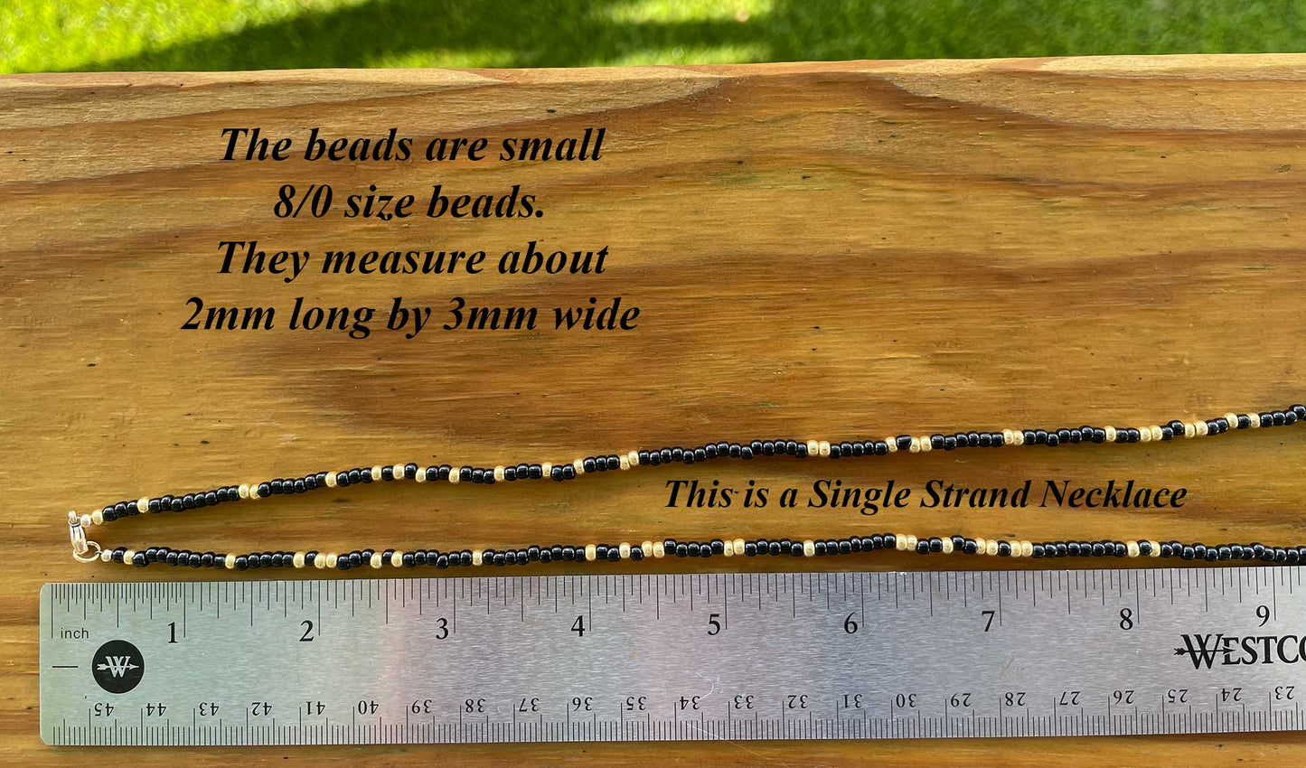 Black and Gold Seed Bead Necklace, Thin 2mm Single Strand