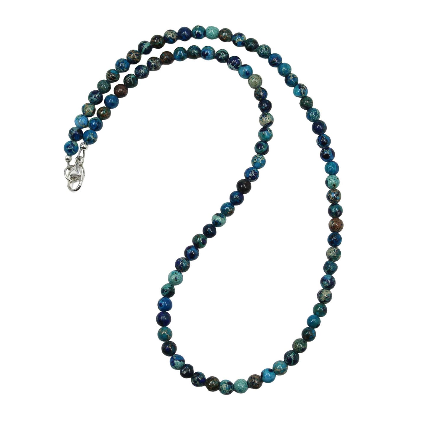 Beaded necklace with blue and green stones on a white background