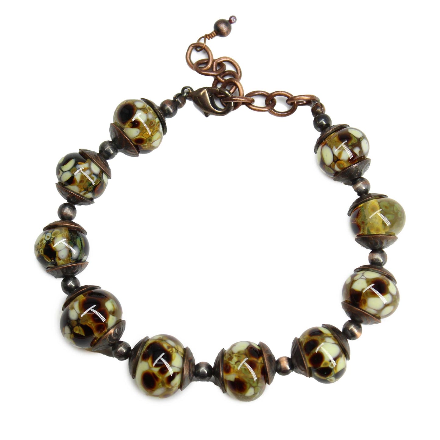 Brown Lampwork Bead Bracelet in Copper Adjustable