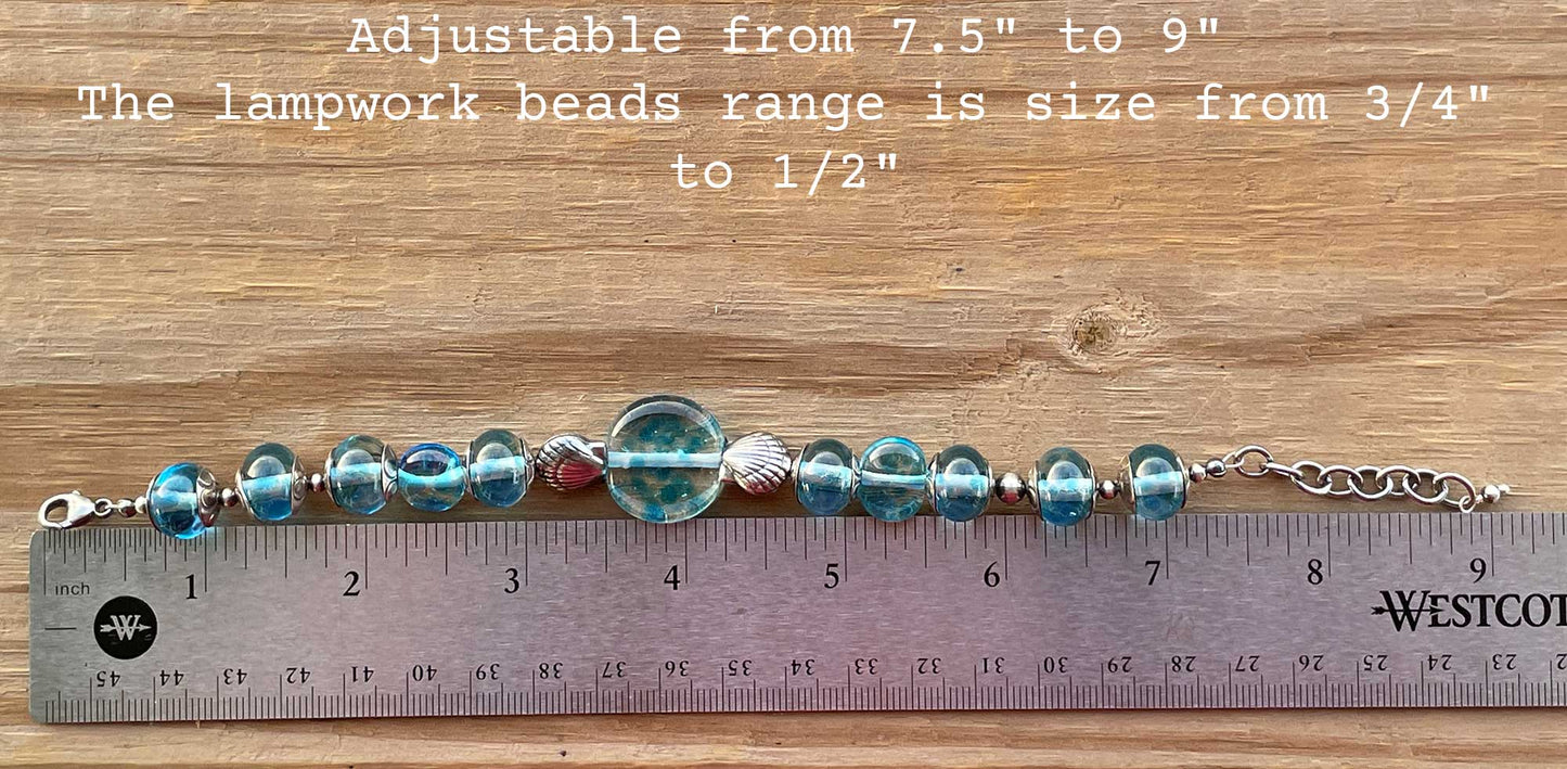 Blue Lampwork Bracelet with Sterling Silver Shells