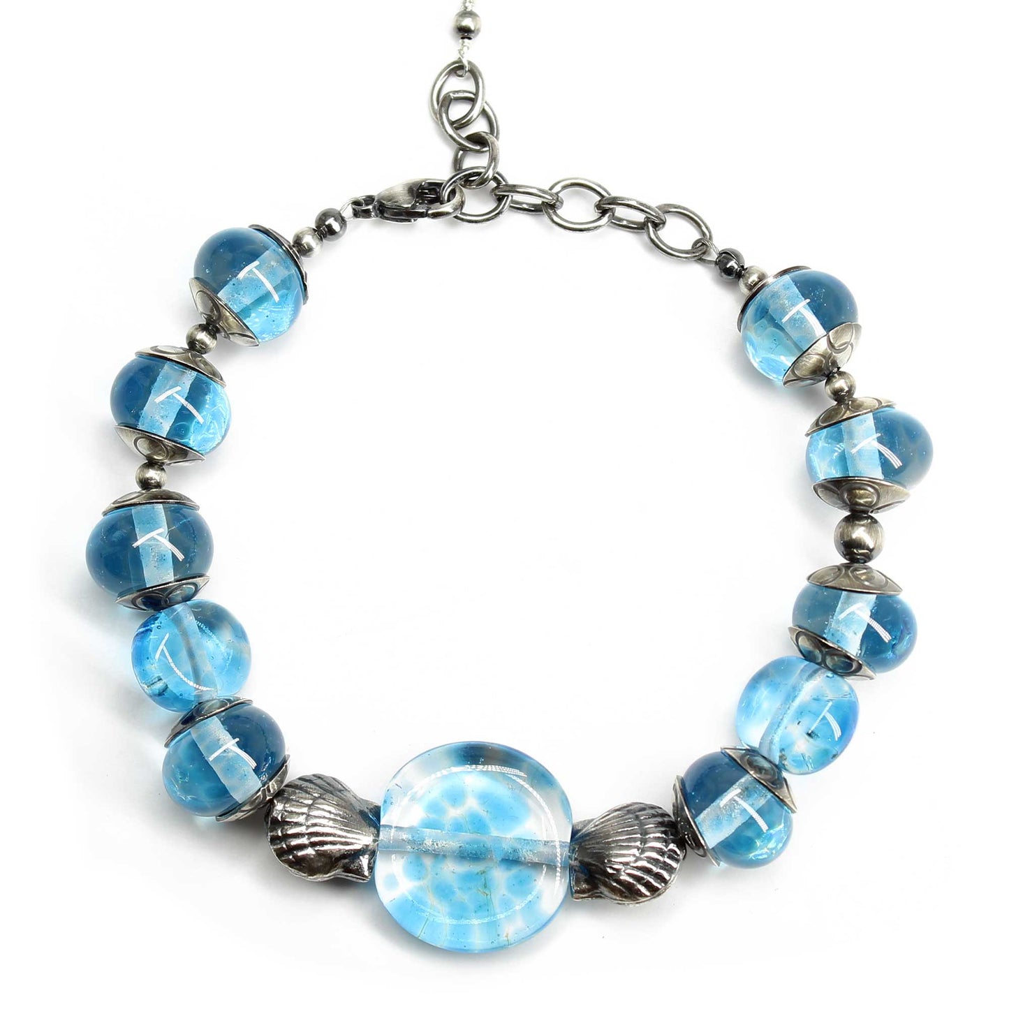 Blue Lampwork Bracelet with Sterling Silver Shells