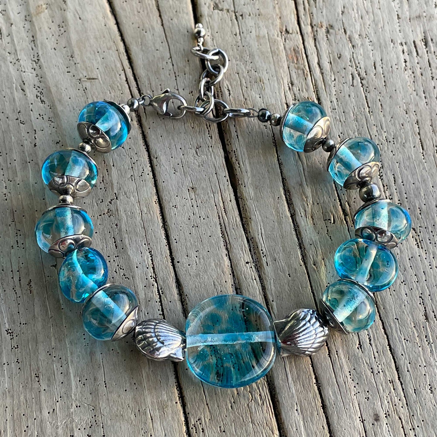 Blue Lampwork Bracelet with Sterling Silver Shells