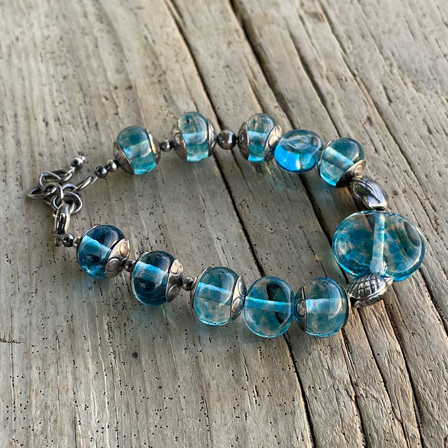 Blue Lampwork Bracelet with Sterling Silver Shells