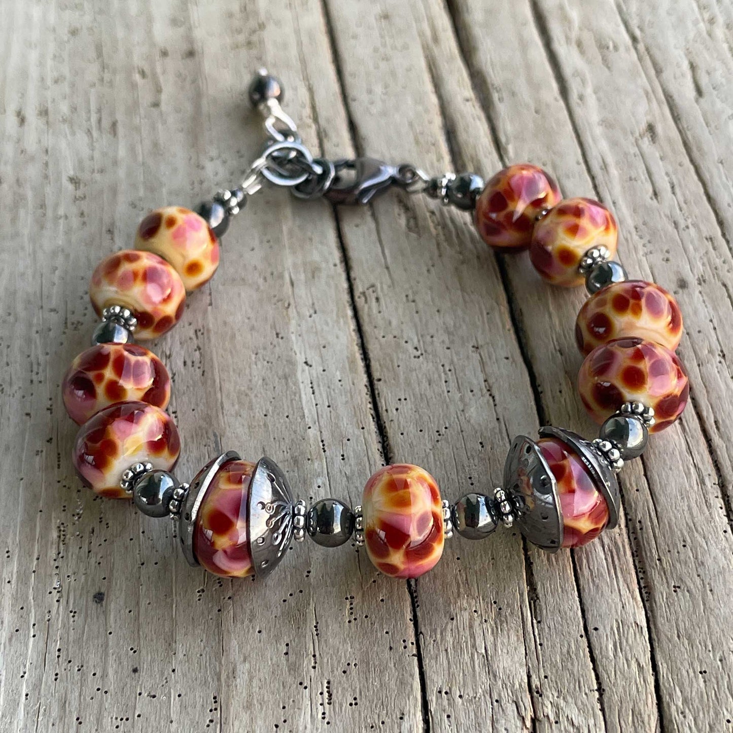Burgundy Lampwork Bracelet in Sterling Silver