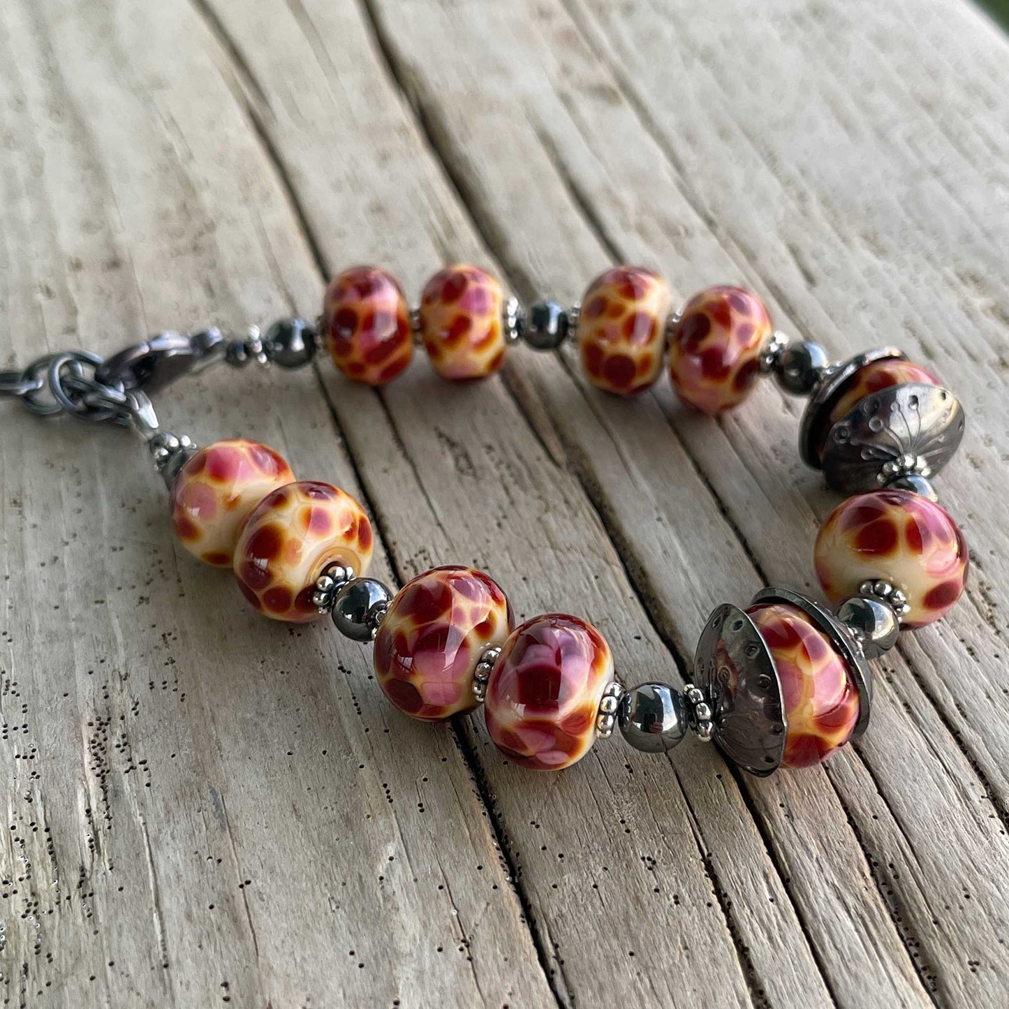 Burgundy Lampwork Bracelet in Sterling Silver