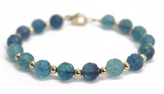 Hand Carved Fluorite and Gold Bead Bracelet