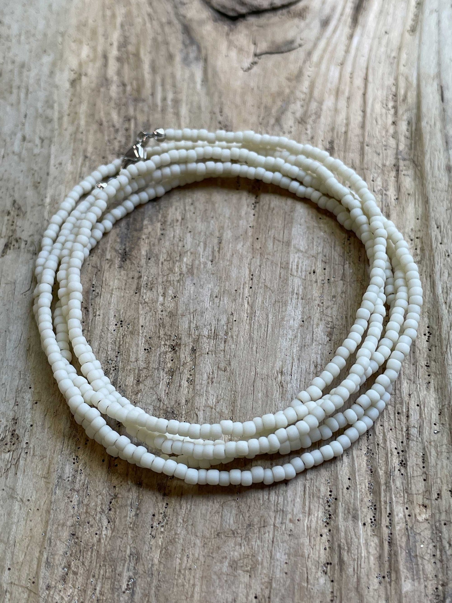 Frosted Light Beige Seed Bead Necklace, Thin 1.5mm Single Strand
