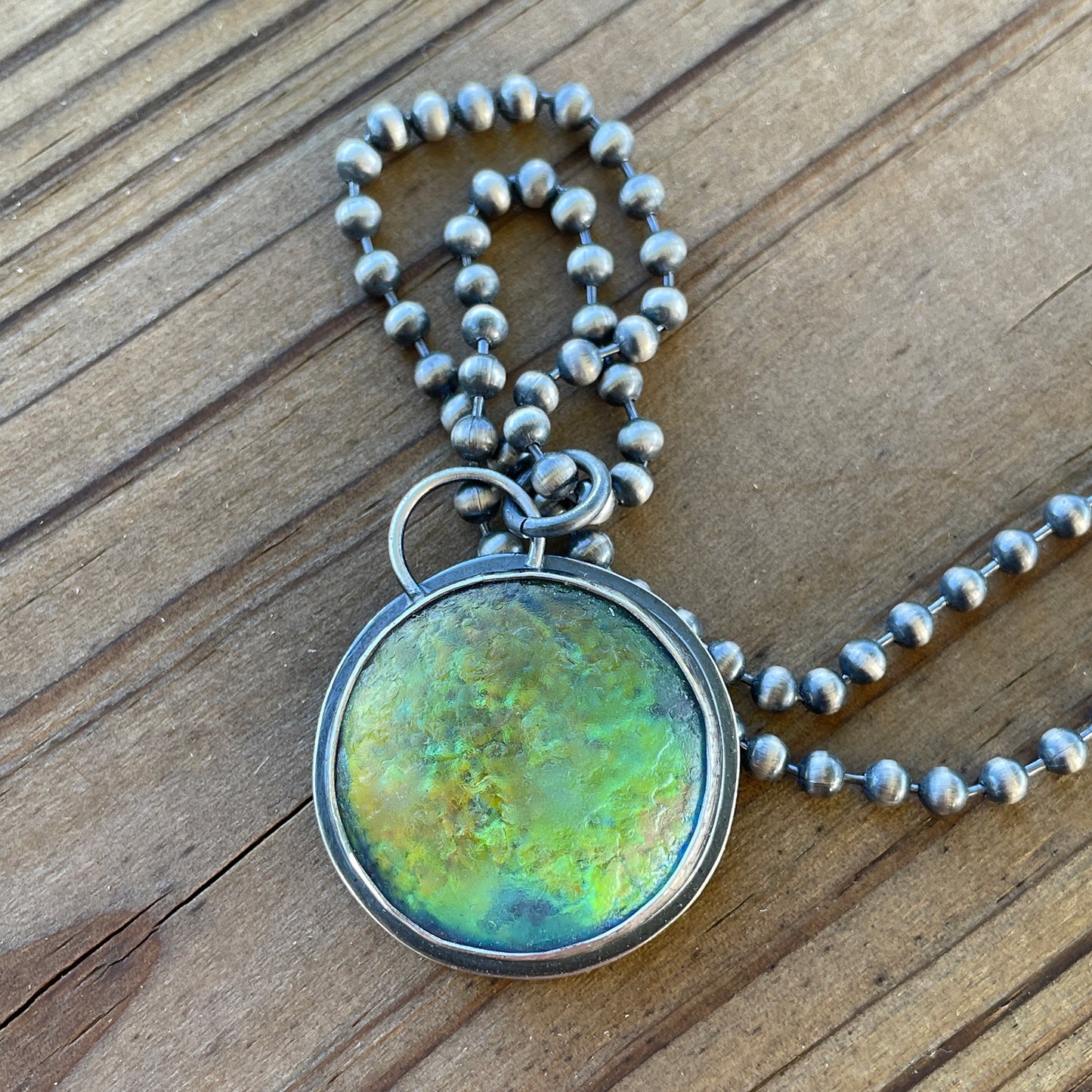 Sterling Silver & Iridescent Green Glass Pendant Necklace