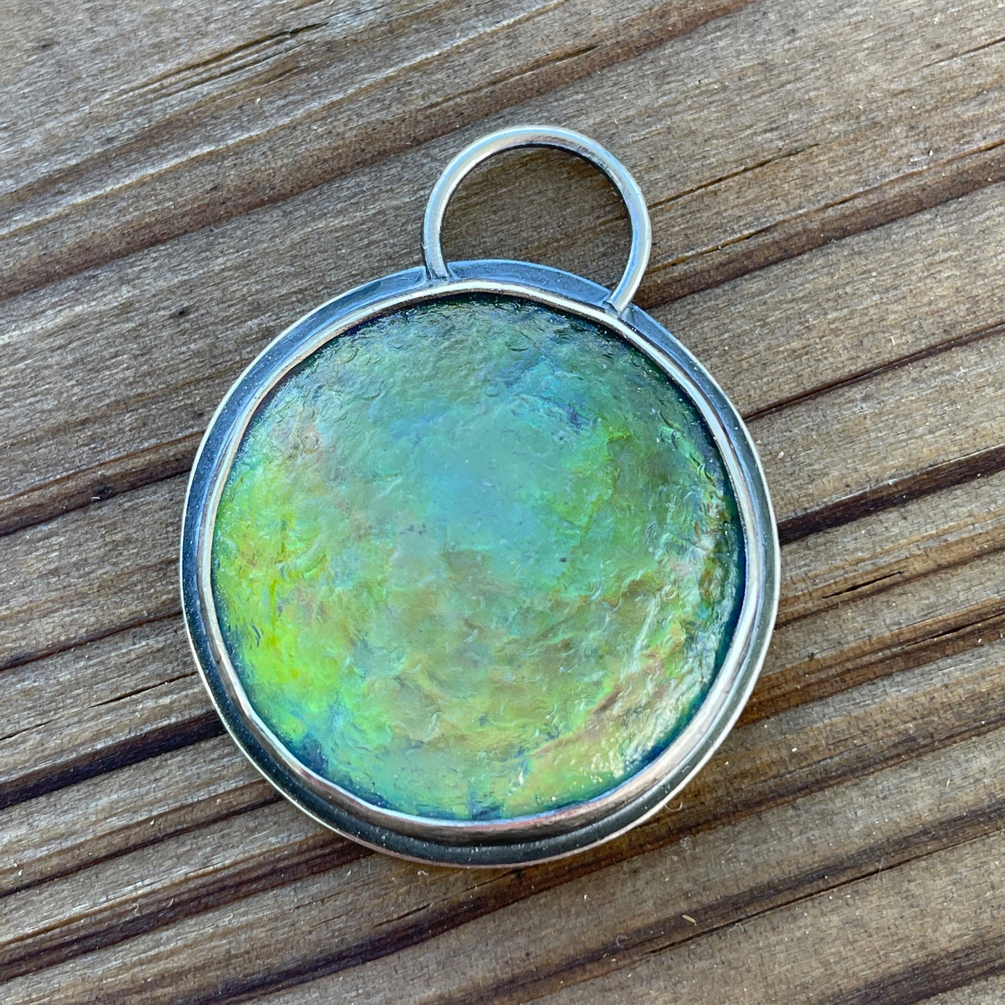 Sterling Silver & Iridescent Green Glass Pendant Necklace