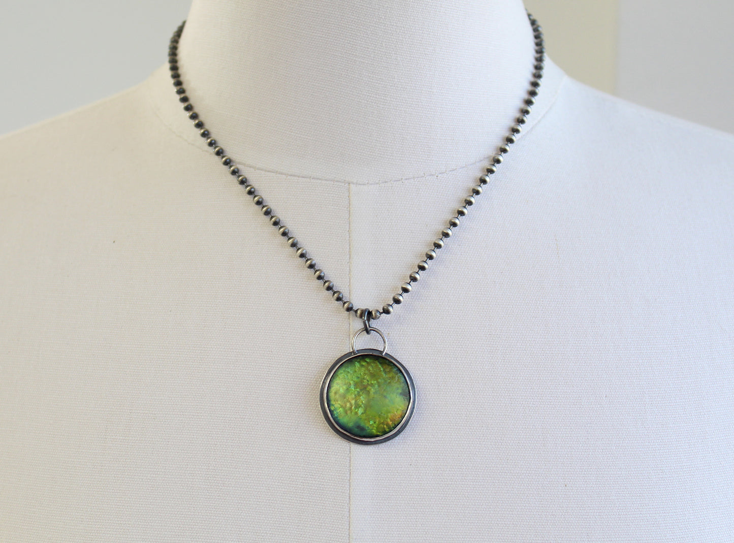 Sterling Silver & Iridescent Green Glass Pendant Necklace
