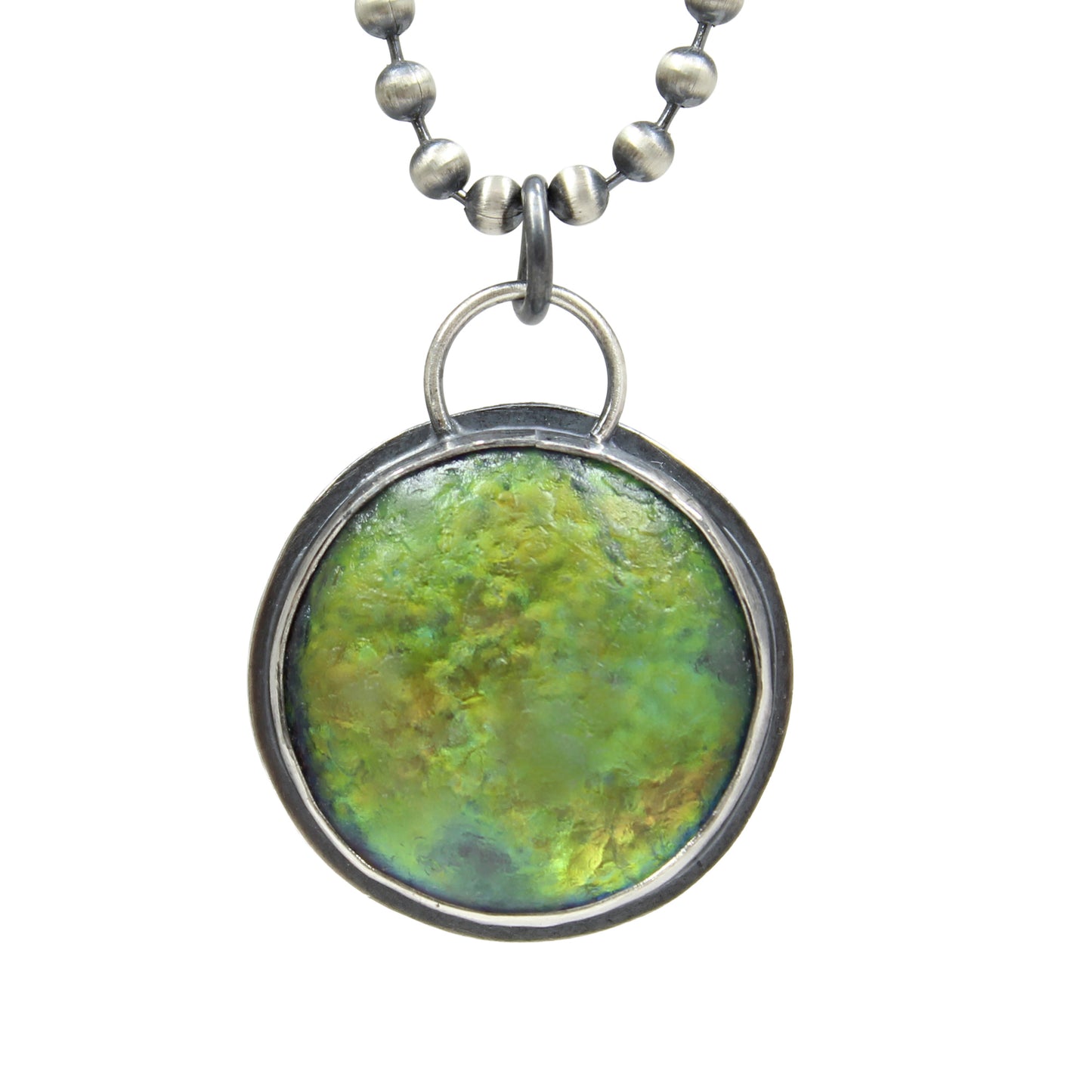 Sterling Silver & Iridescent Green Glass Pendant Necklace
