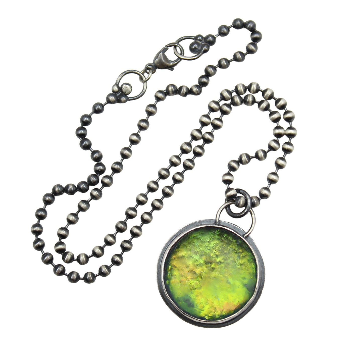 Sterling Silver & Iridescent Green Glass Pendant Necklace