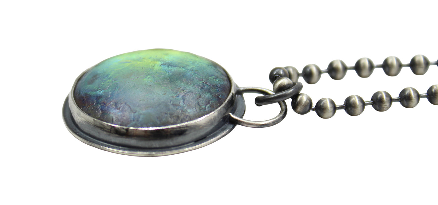 Sterling Silver & Iridescent Green Glass Pendant Necklace