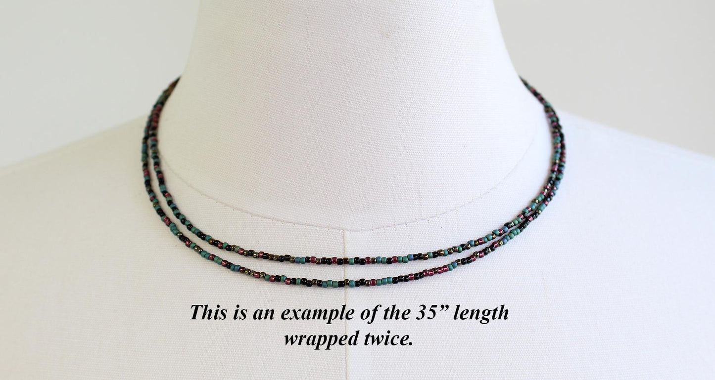 Mixed Teal Green Black and Plum Seed Bead Necklace