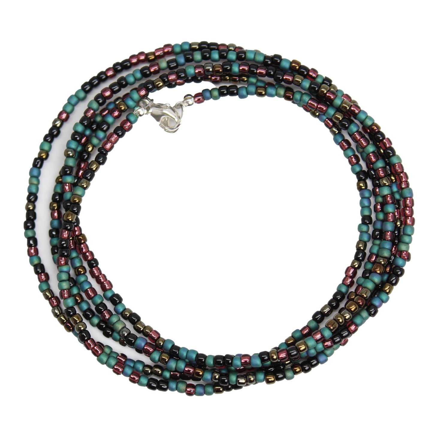 Mixed Teal Green Black and Plum Seed Bead Necklace