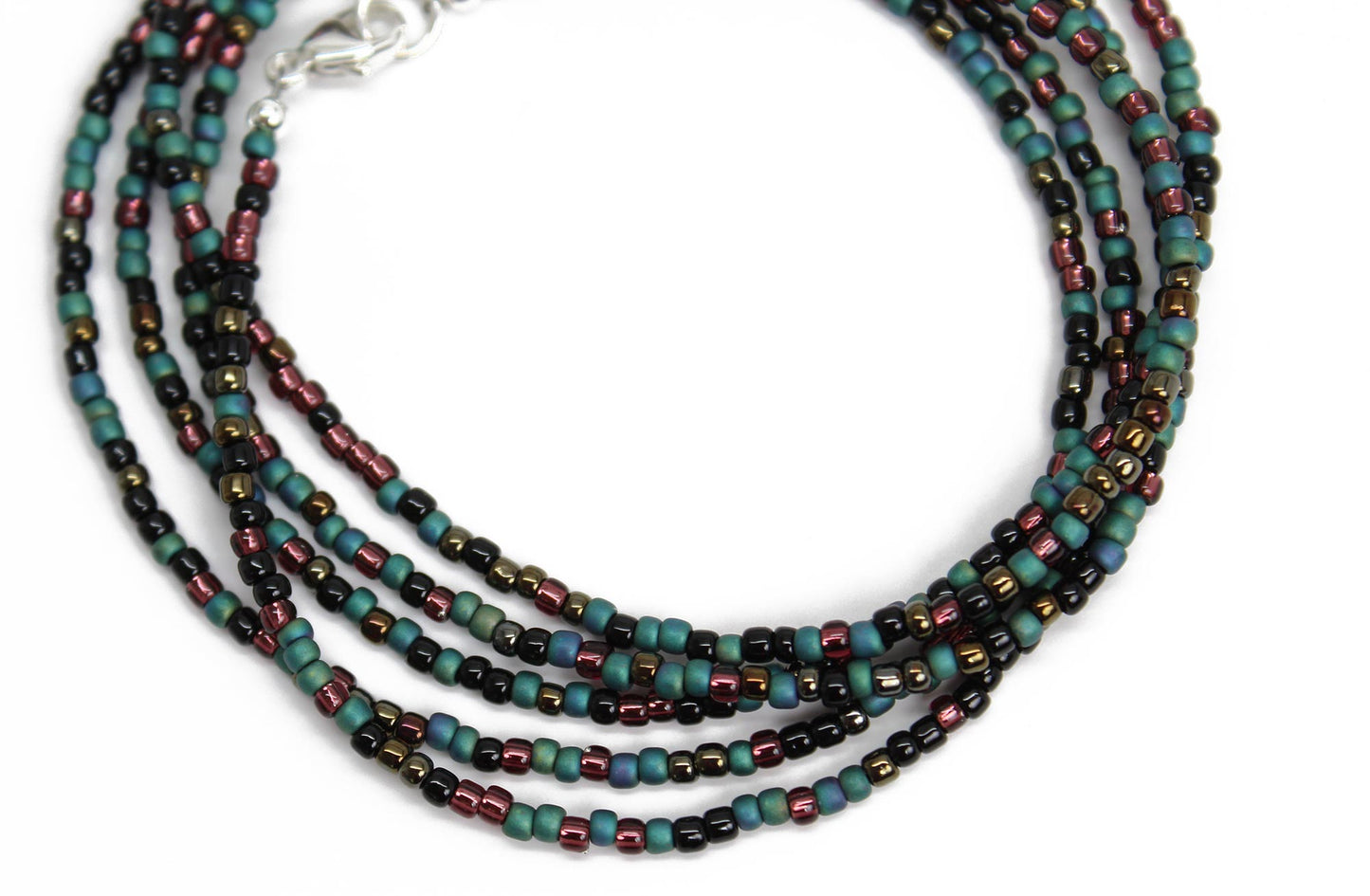 Mixed Teal Green Black and Plum Seed Bead Necklace