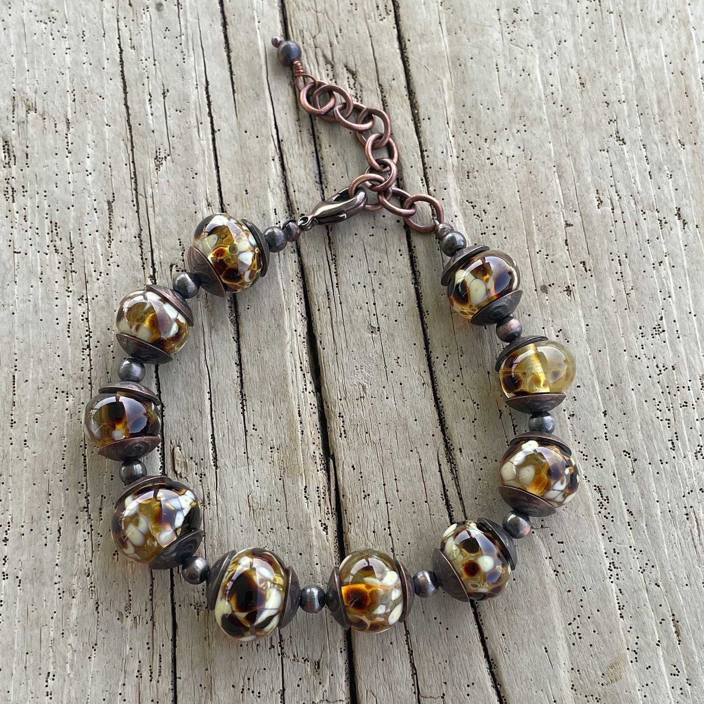 Brown Glass and Copper Chunky Bead Bracelet