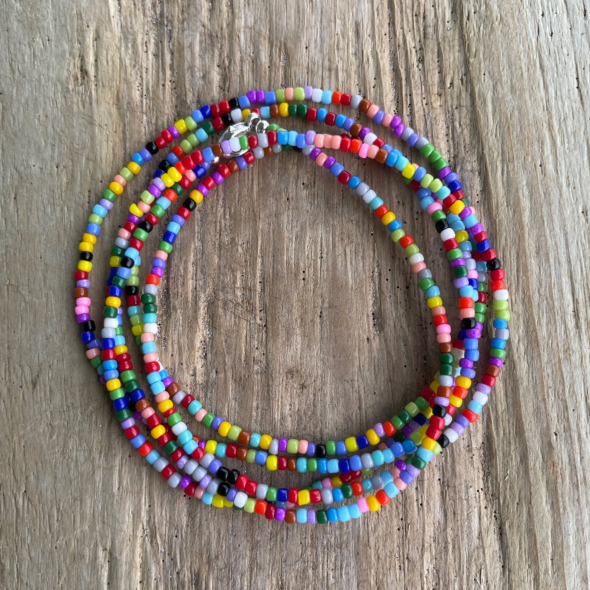 Multi Color Seed Bead Necklace, Hippy Love Beads, Thin
