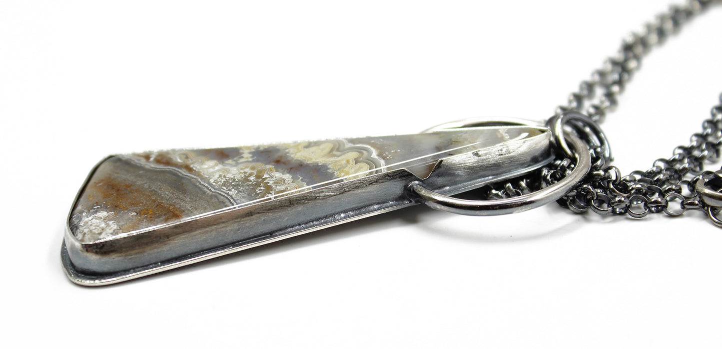 Side View Handmade Sterling Silver Crazy Lace Agate Pendant Necklace