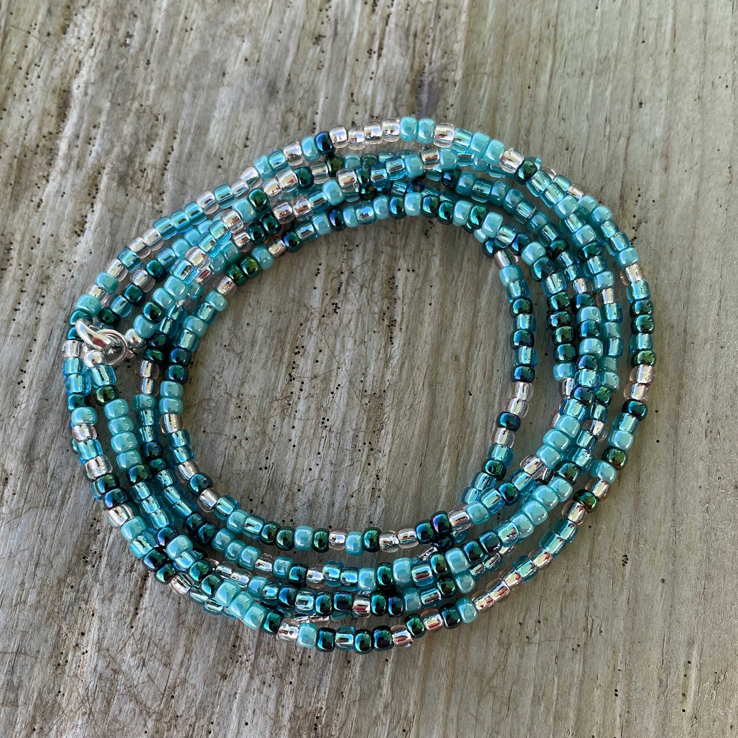Blue Teal and Silver Seed Bead Necklace, Thin 2mm Single Strand