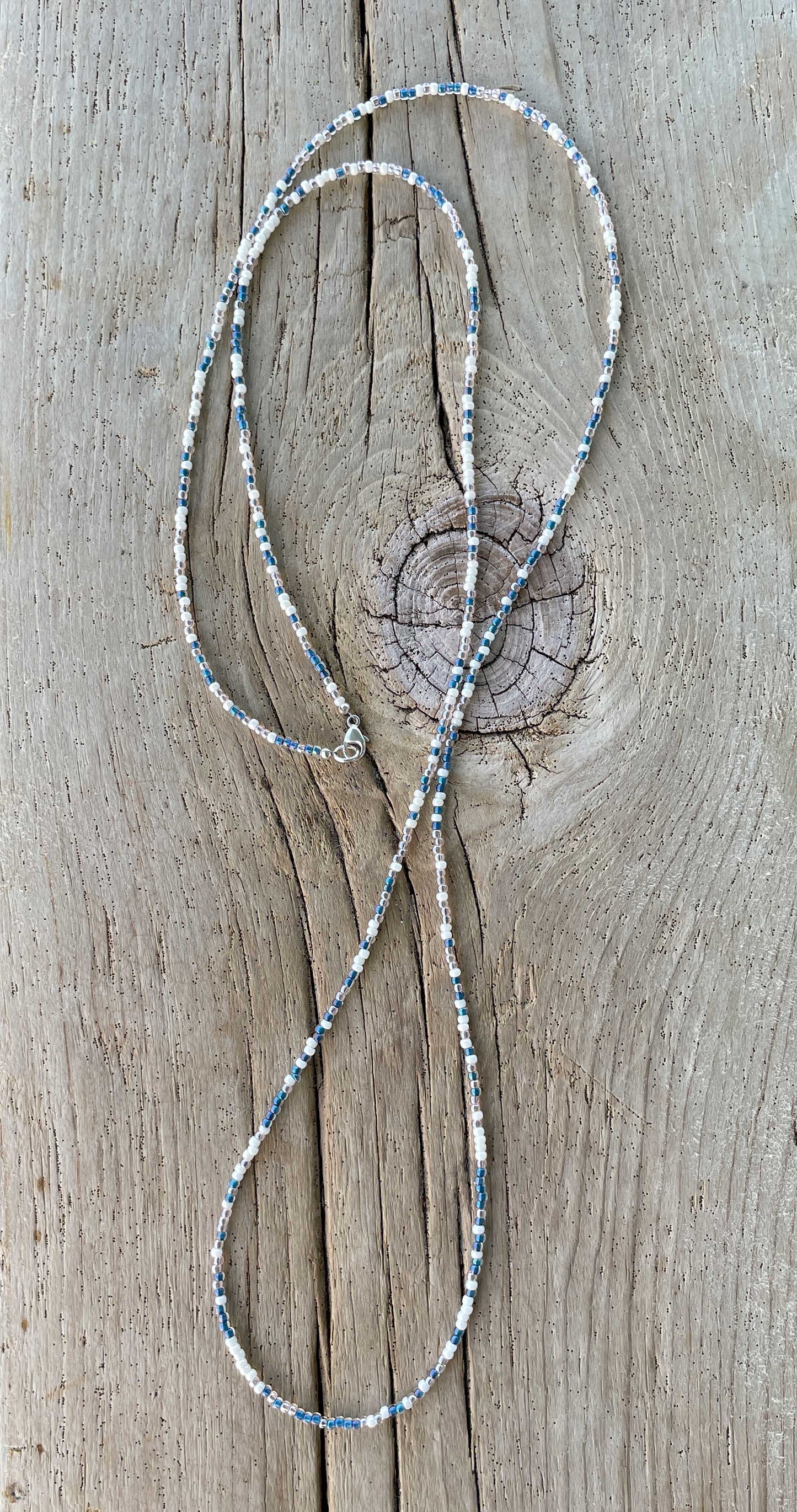 Blue and White Pearl Color Seed Bead Necklace