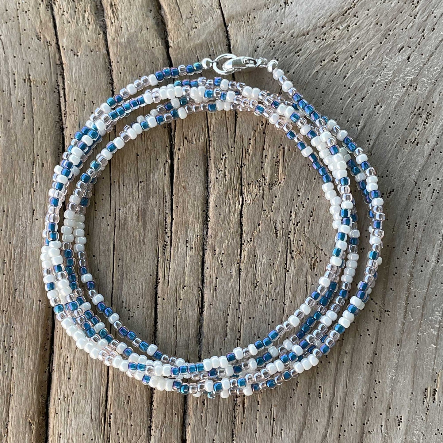 Blue and White Pearl Color Seed Bead Necklace