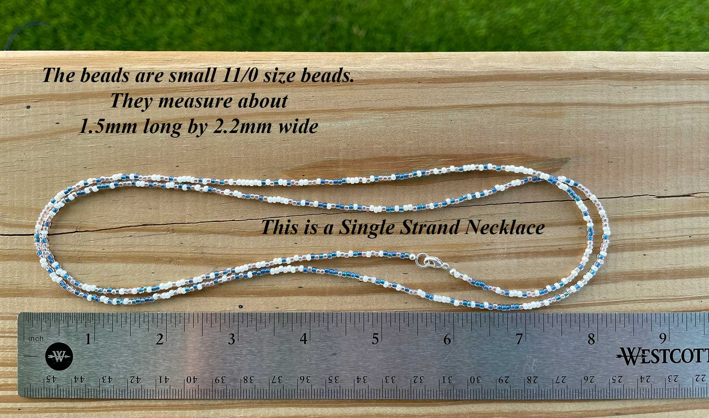 Blue and White Pearl Color Seed Bead Necklace