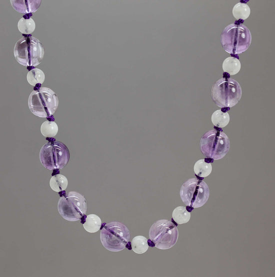Hand Knotted Amethyst and Moonstone Bead Necklace, 35 Inch Long