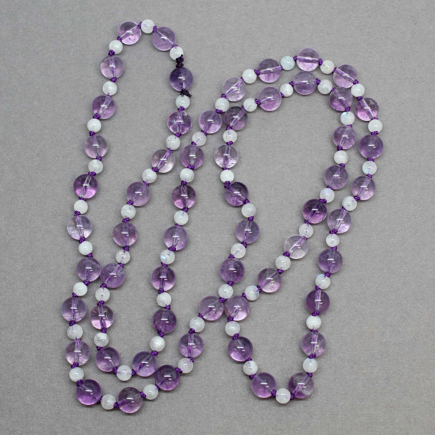Long Knotted Amethyst and Moonstone Bead Necklace