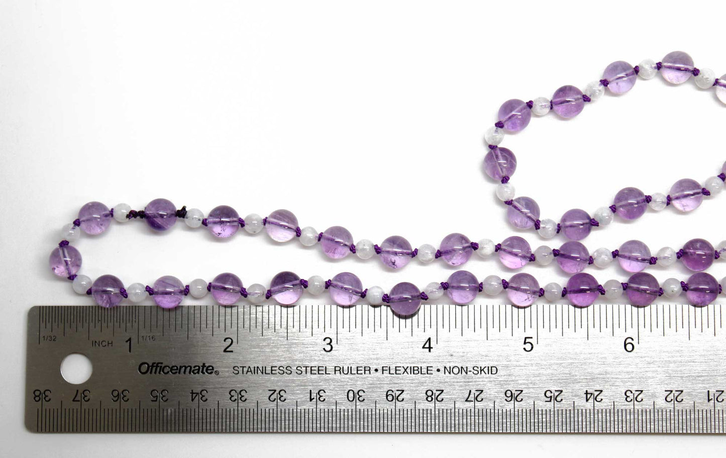 Hand Knotted Amethyst and Moonstone Bead Necklace, 35 Inch Long
