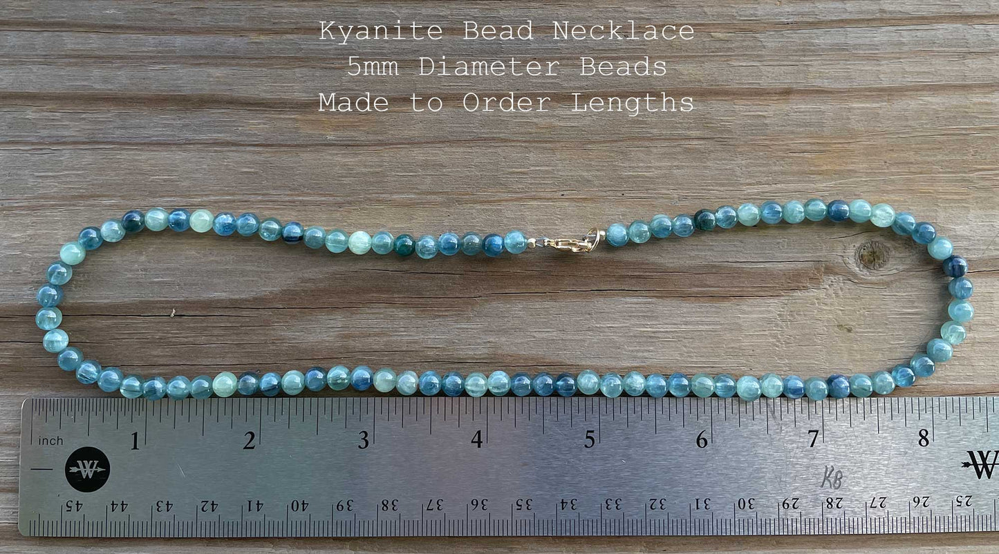 Kyanite Necklace, 5mm Blue Green Genuine Kyanite Bead Necklace Strand