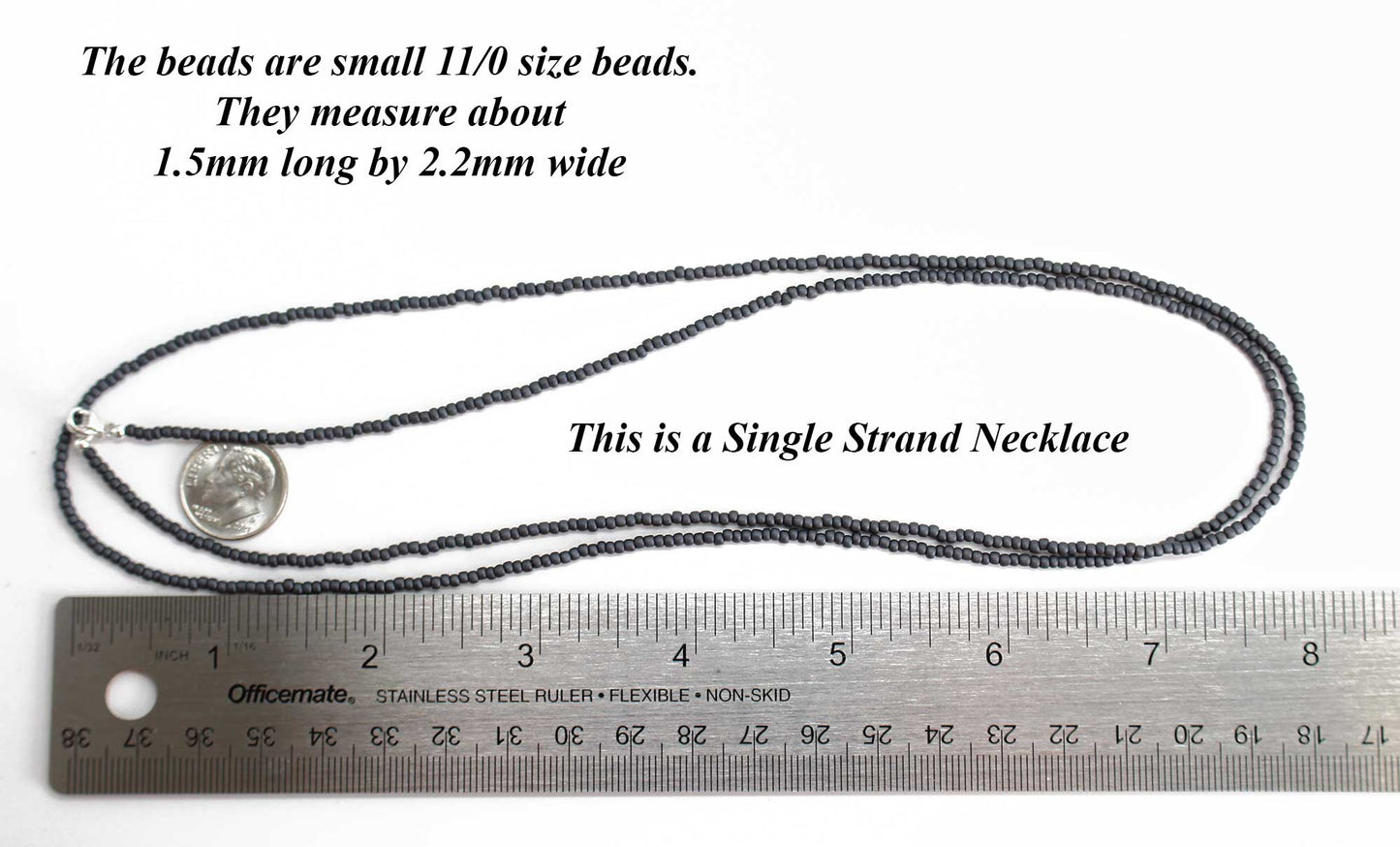 Matte Opaque Grey Seed Bead Necklace, Thin 1.5mm Single Strand