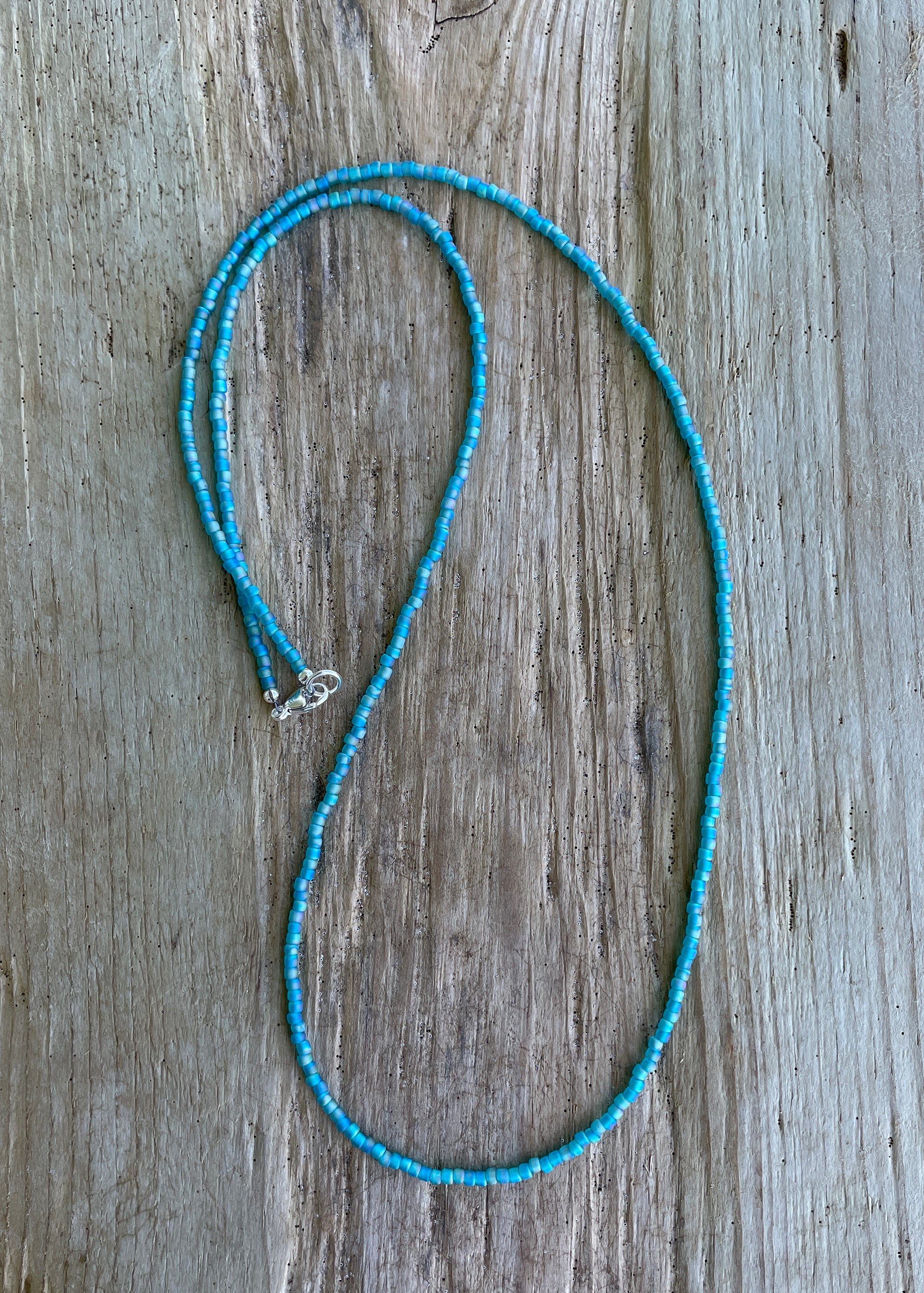 Matte Transparent Turquoise Seed Bead Necklace, Thin Single