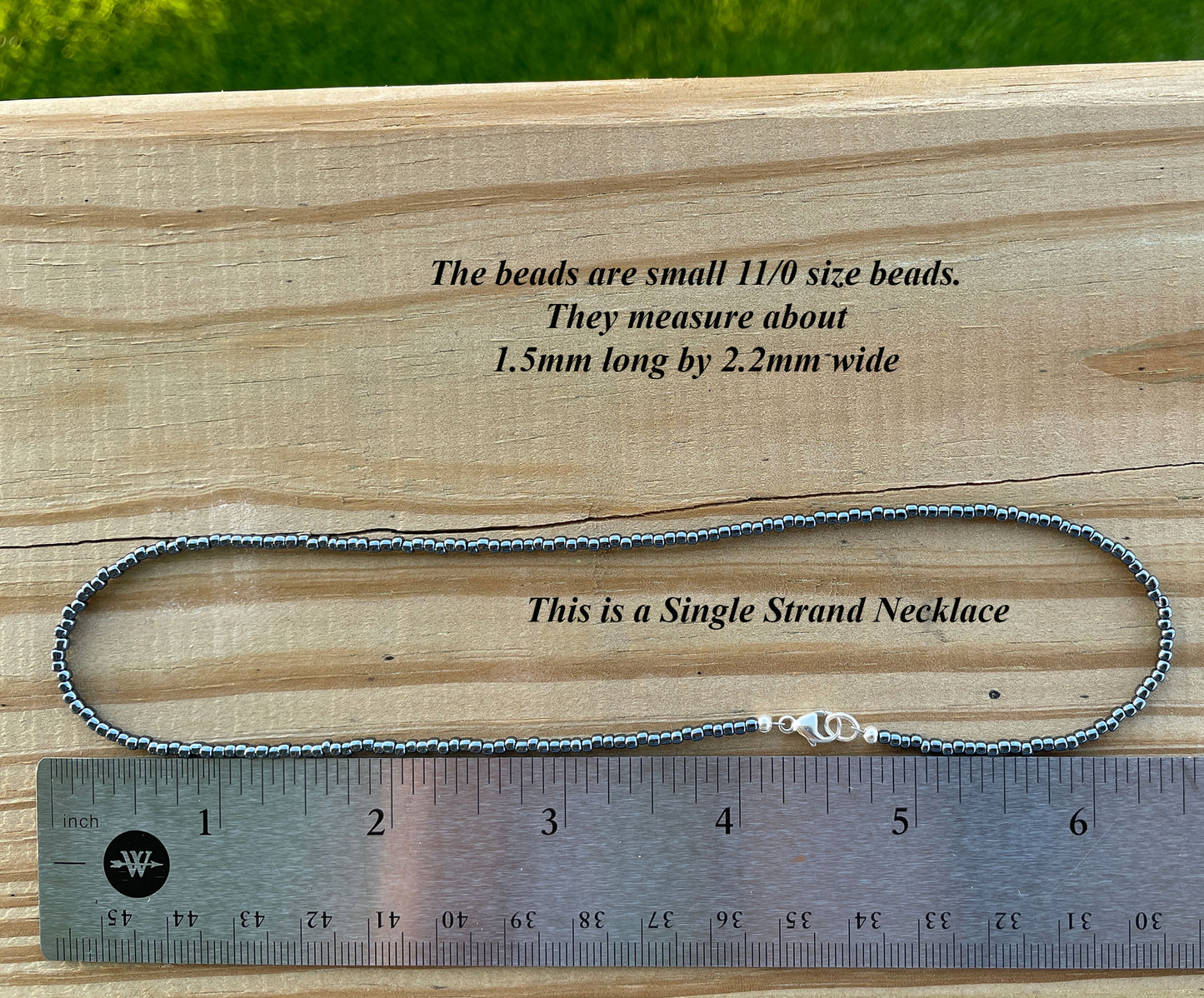 Thin Metallic Hematite Glass Seed Bead Necklace