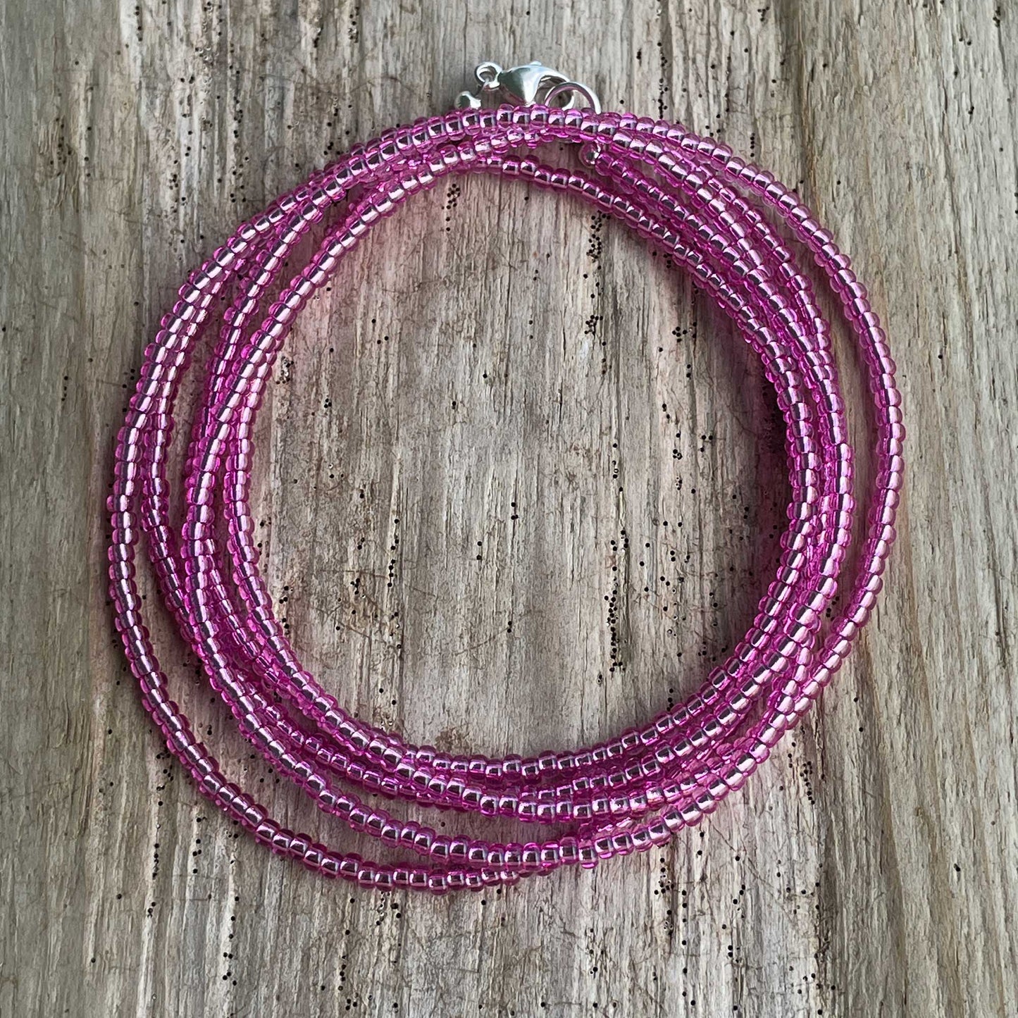 Metallic Pink Parfait Seed Bead Necklace, Thin 1.5mm Single Strand Beaded Necklace