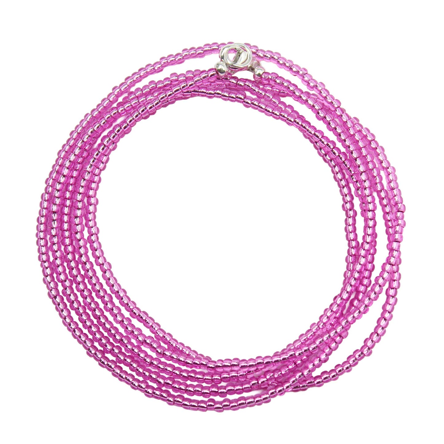 Pink beaded necklace on a white background