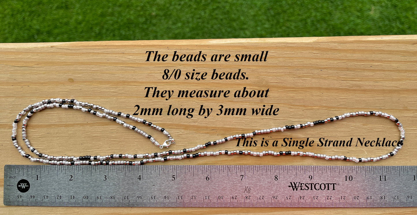 Black Silver & White Seed Bead Necklace, Thin 2mm Single Strand