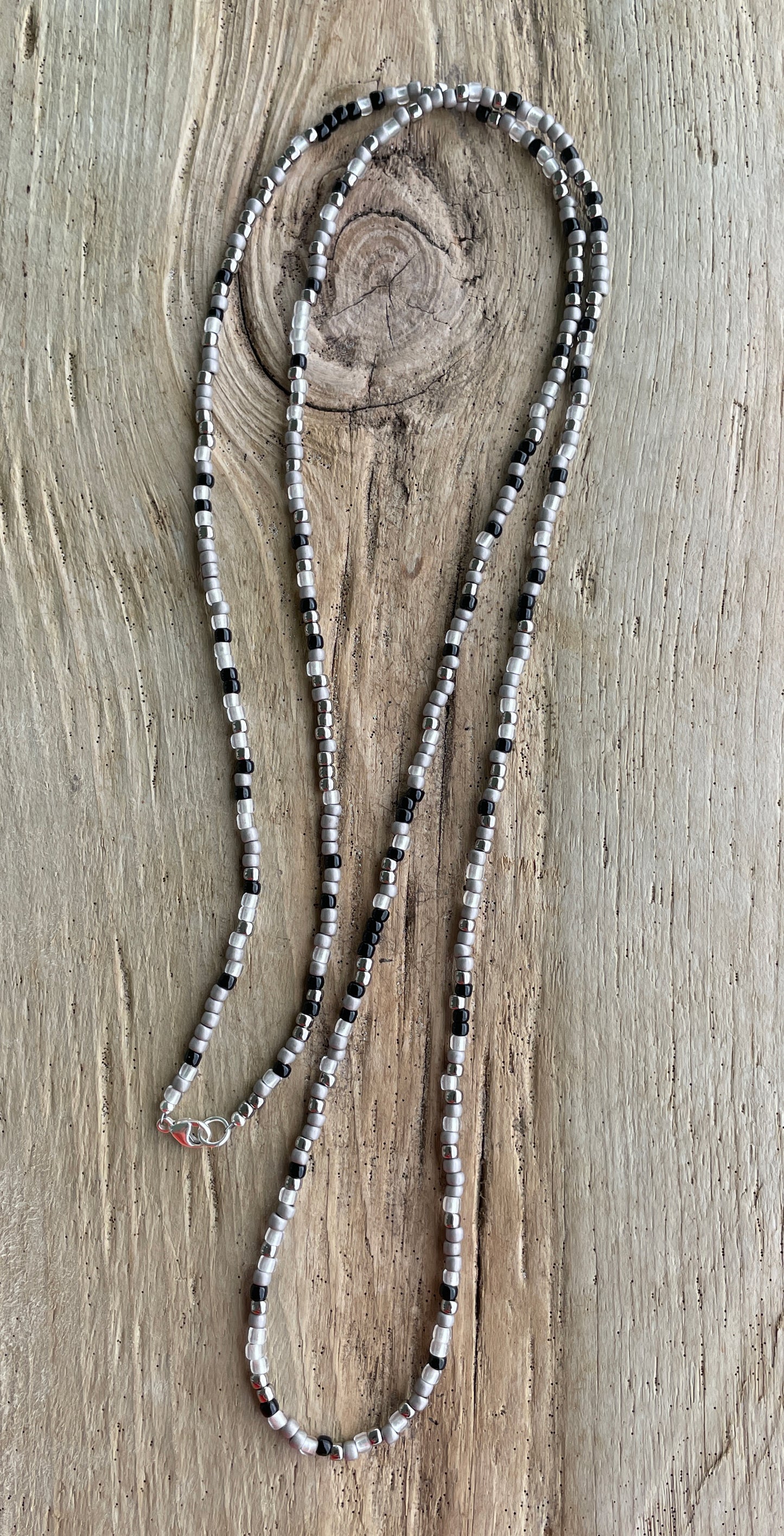 Black Silver & White Seed Bead Necklace, Thin 2mm Single Strand