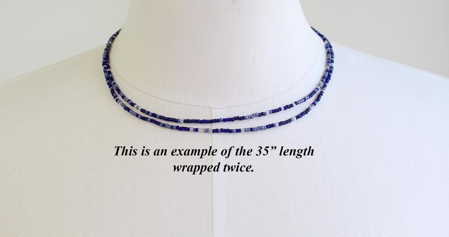 Multi Color Blue Seed Bead Necklace, Thin 1.5mm Single Strand