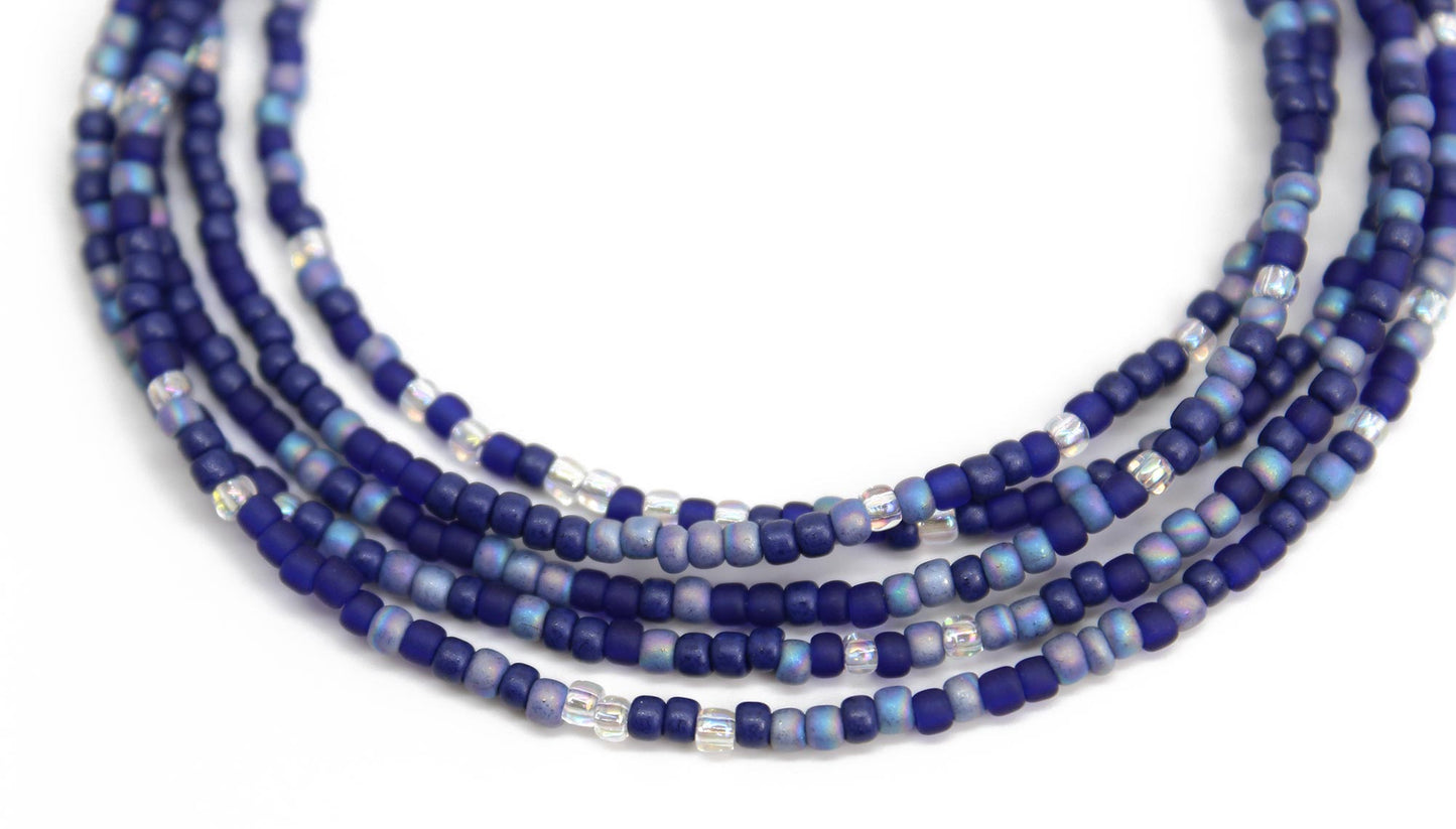Multi Color Blue Seed Bead Necklace, Thin 1.5mm Single Strand