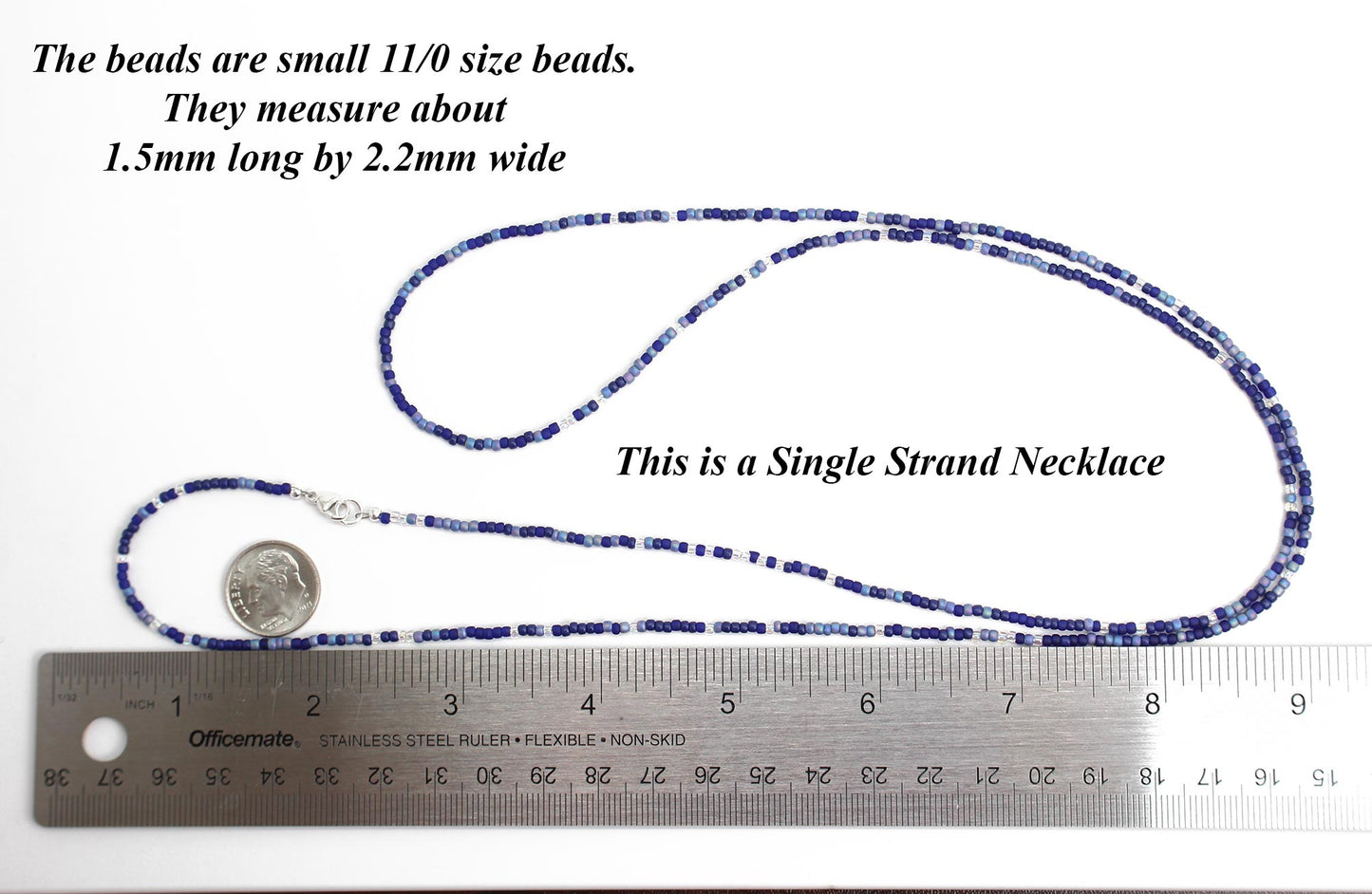 Multi Color Blue Seed Bead Necklace, Thin 1.5mm Single Strand