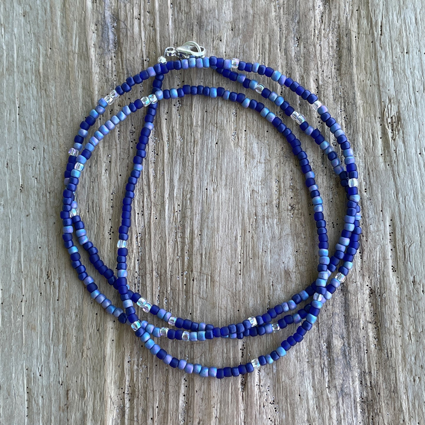 Multi Color Blue Seed Bead Necklace, Thin 1.5mm Single Strand