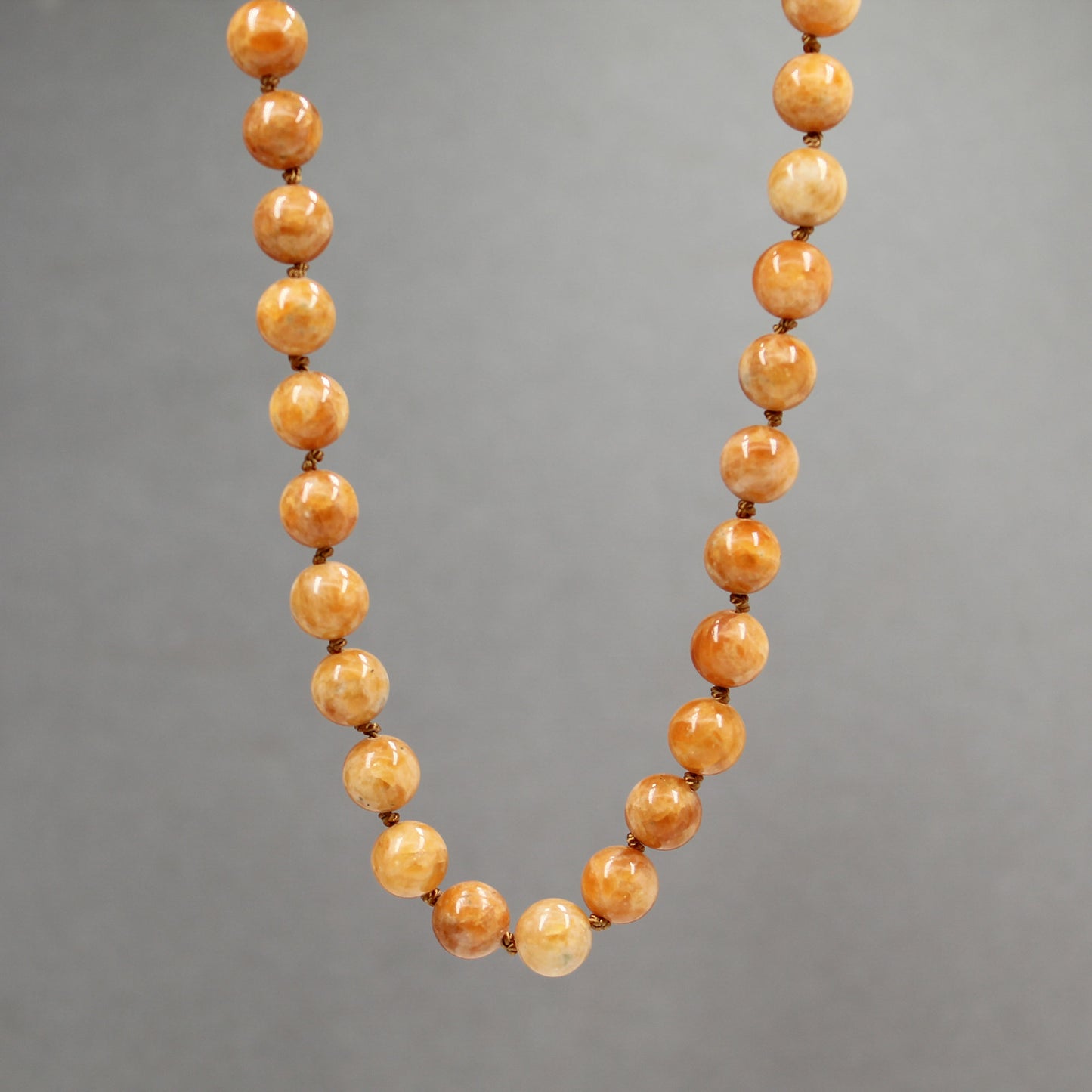 Orange Calcite Bead Necklace, Hand Knotted 26 Inch