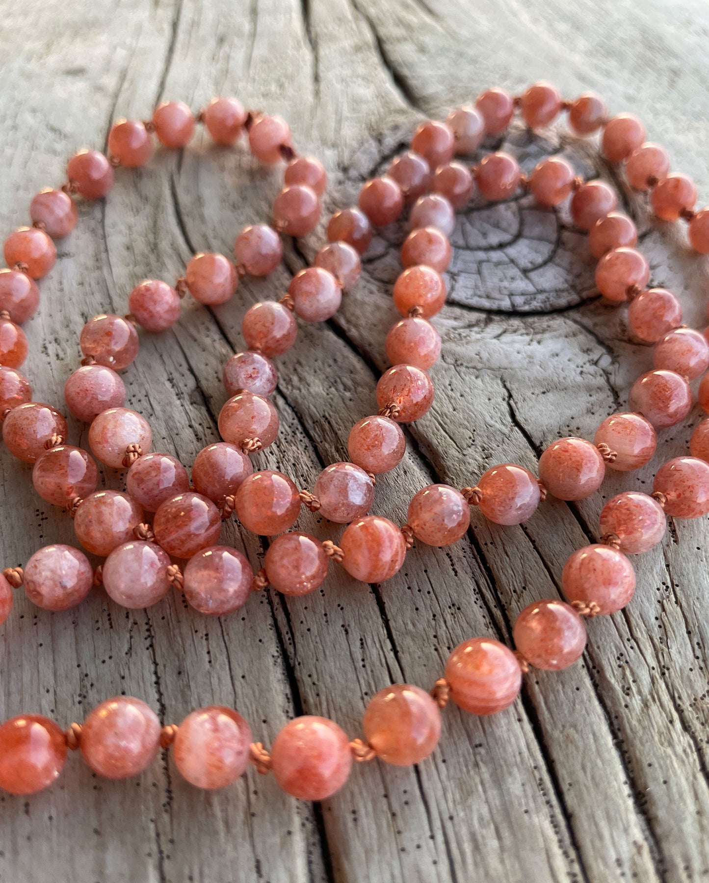 Sunstone Bead Necklace, Hand Knotted 28 Inch